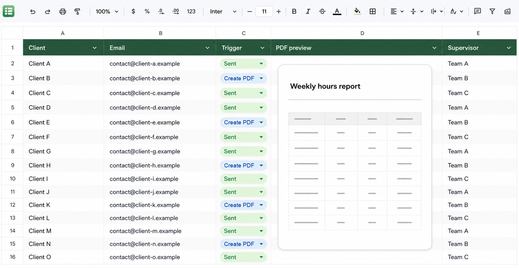 Anonymised Google Sheet batch email queue showing generic clients and sent report statuses