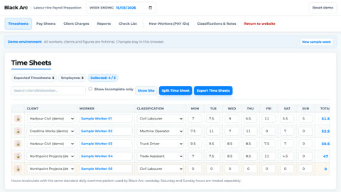 Black Arc Payroll demo showing fictional editable timesheets