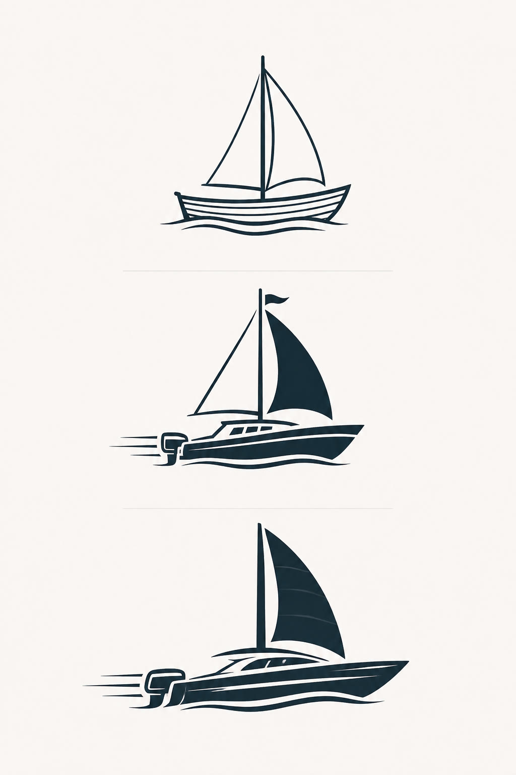 Illustration of boats progressing from a rowboat to motor-assisted sailboats